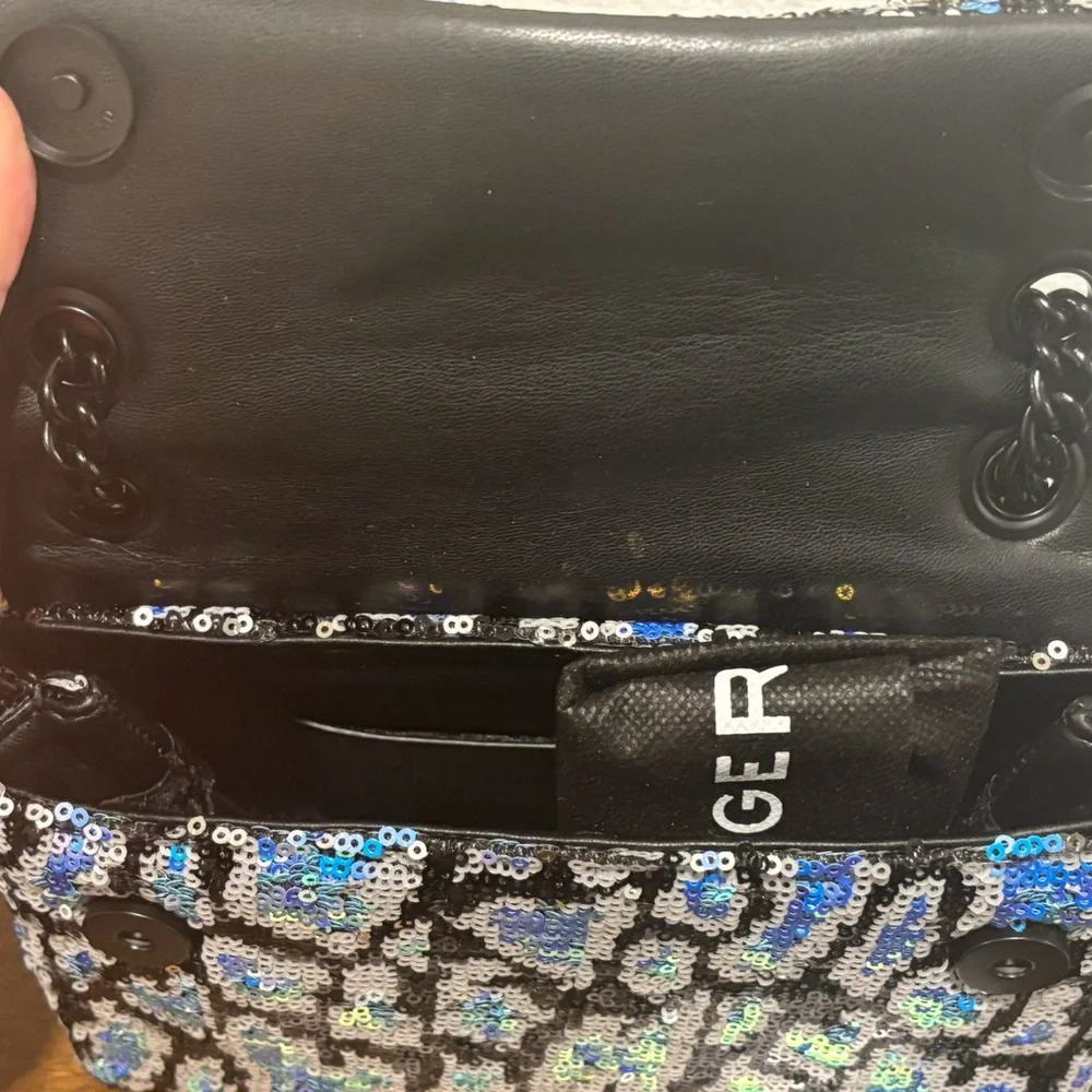 Kurt Geiger Blue & Purple Sequin Leopard Crossbody with Black Chain - Picture 7 of 8